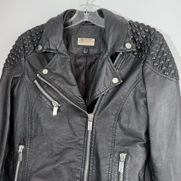 Mango Textured Panel Genuine Leather Biker Jacket Black XS Quilted Shoulder Moto - Picture 11 of 16